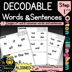 Aligned Decodable Word Lists and Sentences (Orton Gillingham Step 1)